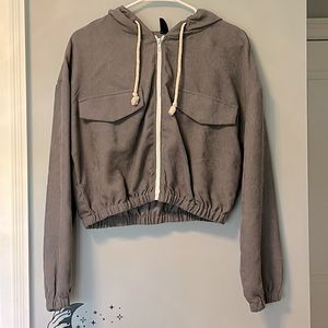 Cropped Jacket,Drawstring Hoodie, Grey, Size L,